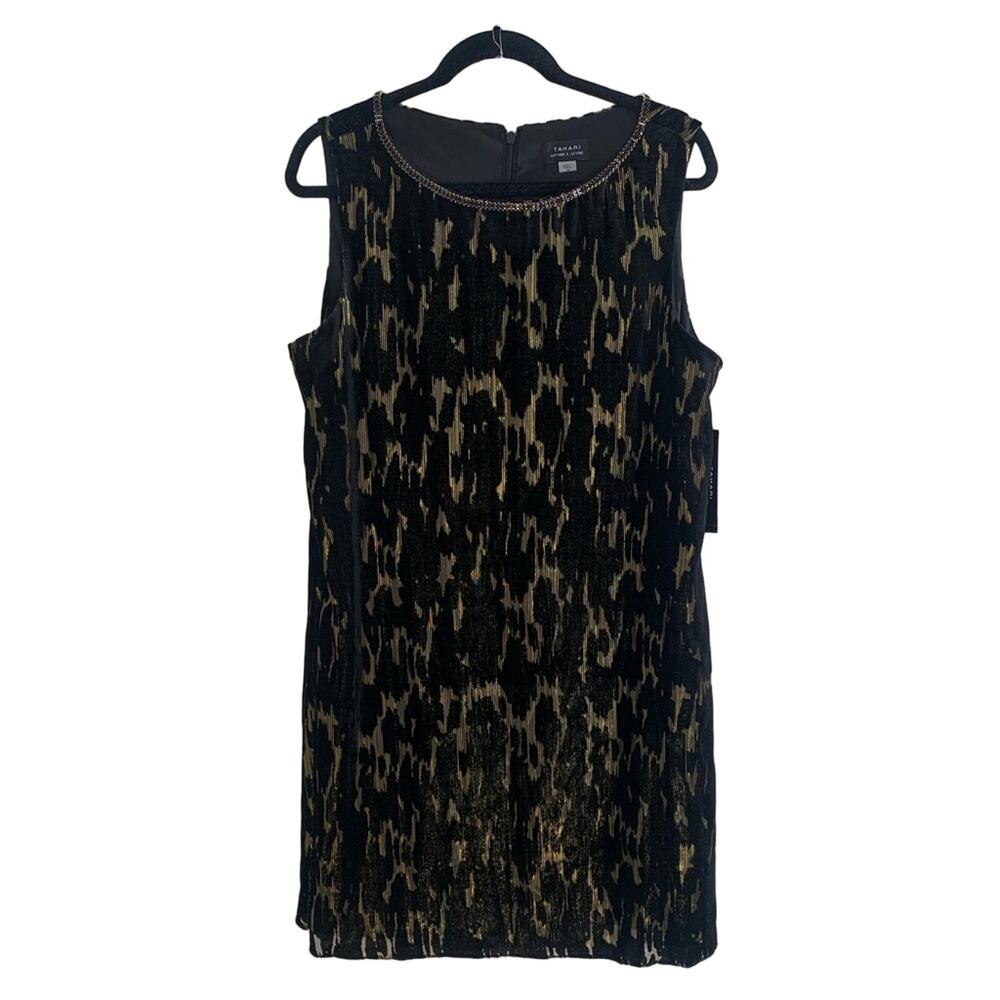 Tahari ASL Sheath Dress Womens 14 Black Gold NWT Metallic Velvet Burnout Jewel‎